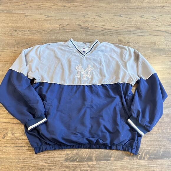 VTG Yankees Genuine MLB Jacket Mens L Baseball Pullover Gameday Coat Gray Blue - Picture 1 of 6